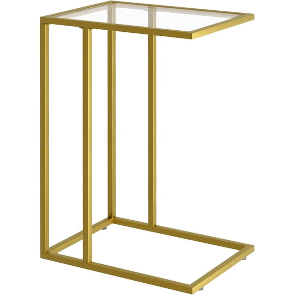 C-Shaped End Table, Side Table for Couch,Sofa Snack Table with Tempered Glass & Metal Frame,Small TV Tray Table for Small Space,Living Room, Bedroom, Bedside,Modern Style, Gold