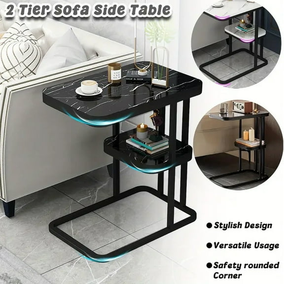C Shaped End Table, Side Table for Couch and Bed 2 Tier, Small Sofa Side Table for Small Spaces, Living Room, Bedroom, Rustic Snack Table, Black