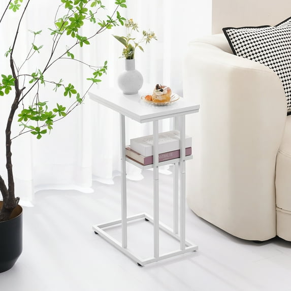 C Shaped End Table, Side Table for Couch and Bed, Small Side Table for Small Spaces, Living Room, Bedroom, Rustic Snack Table