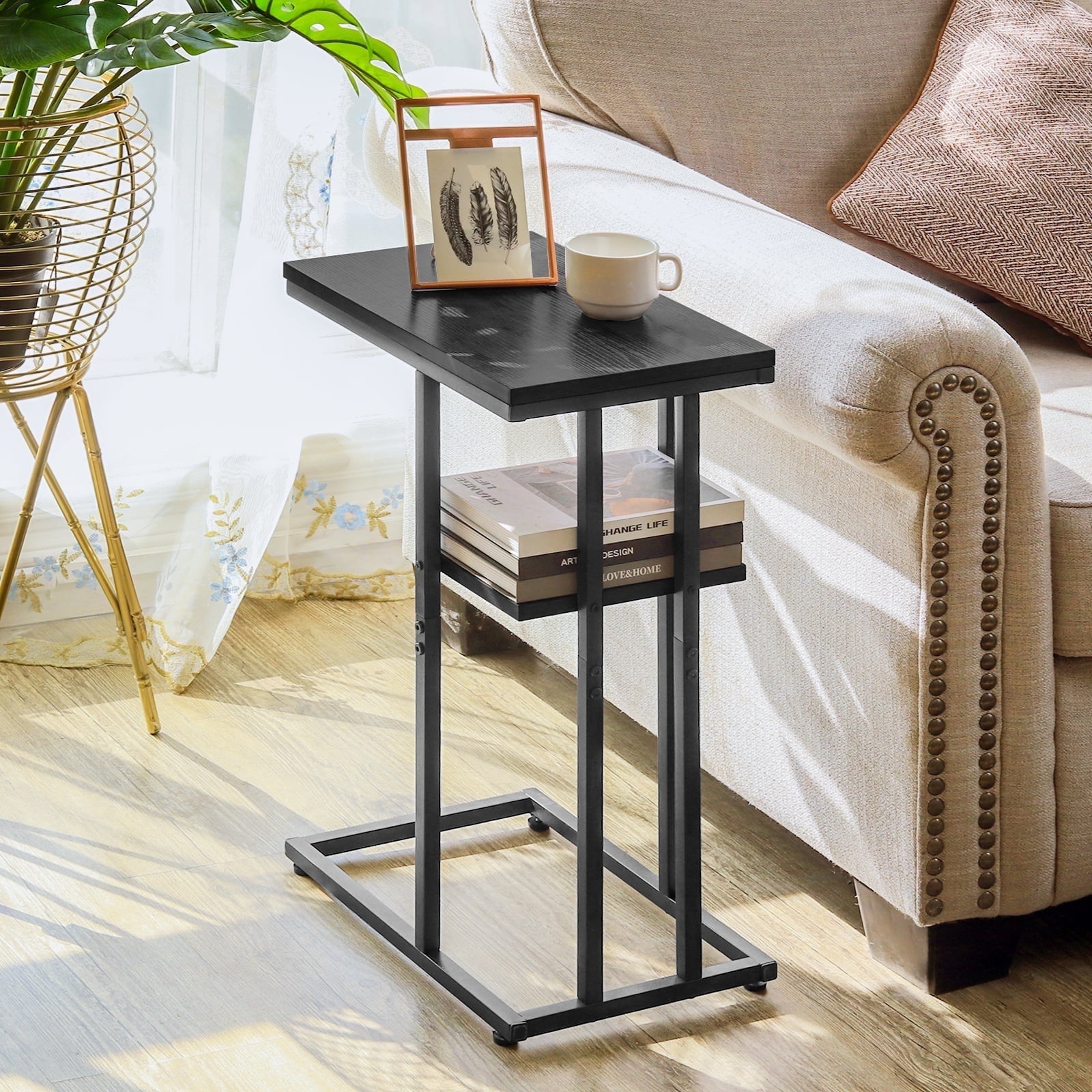 Black Metal and Wood C-Shaped End Table