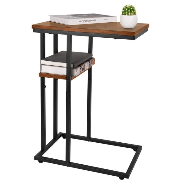 C Shaped End Table, Side Table for Couch and Bed, Small Side Table for Small Spaces, Living Room, Bedroom, Rustic Snack Table