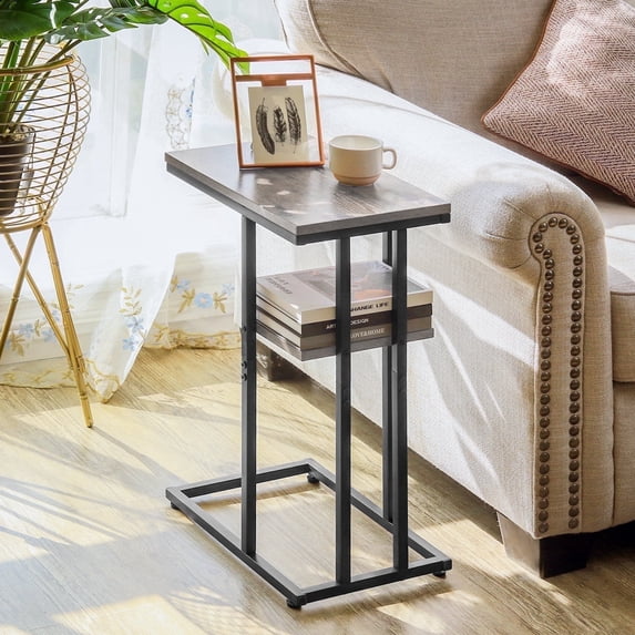 C Shaped End Table, Side Table for Couch and Bed, Small Side Table for Small Spaces, Living Room, Bedroom, Rustic Snack Table