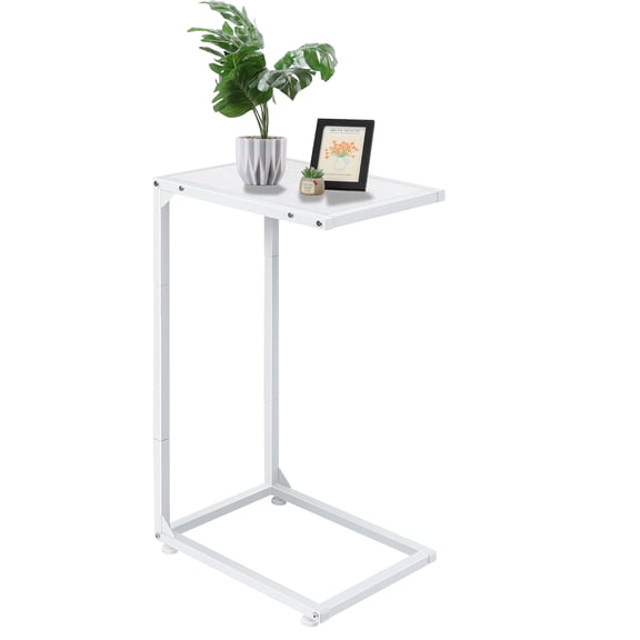 C Shaped End Table, Side Table for Sofa/Couch, Slide Under Couch Table with Metal Frame, Small TV Tray Table for Living Room/Bedroom, White