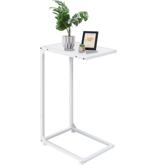 C Shaped End Table, Side Table for Sofa/Couch, Slide Under Couch Table with Metal Frame, Small TV Tray Table for Living Room/Bedroom, White