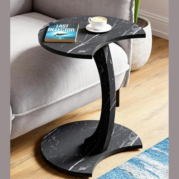 C Shaped End Table Slide Under Couch Stylish Moon Top, Accent Small Table for Couch, Bedside Space Saver Tv Coffee Snack Tray 18 in Diameter Top (Black)