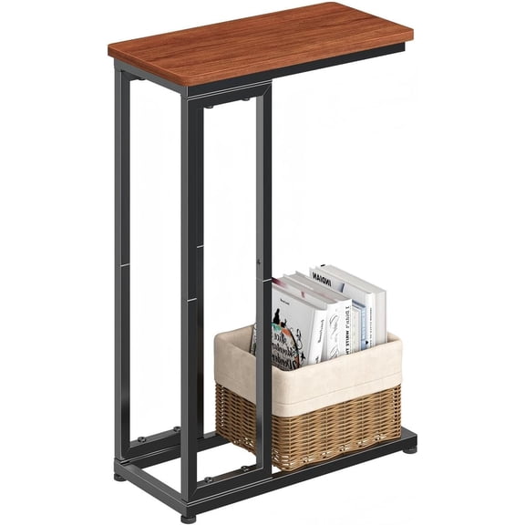 C-Shaped End Table, Slide Under Sofa Side Table with Metal Frame, Rustic Brown for Living Room