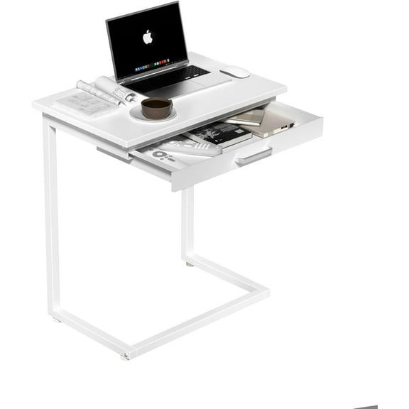 C Shaped End Table,Small Couch Side Table with Drawer,for Living Room, Bedroom Magazines, Computers, Coffee, Small Objects Storage.White