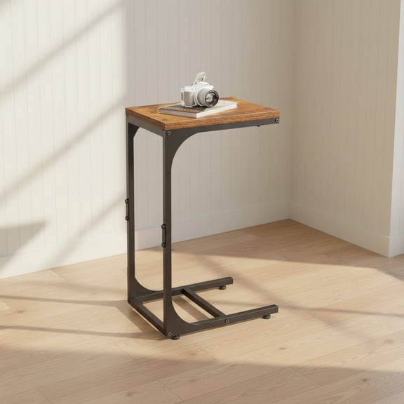 C Shaped End Table, Small Couch Side Tables with Metal Frame that Slide Under, Sofa Table TV Tray for Living Room, Bedroom, Rustic Brown