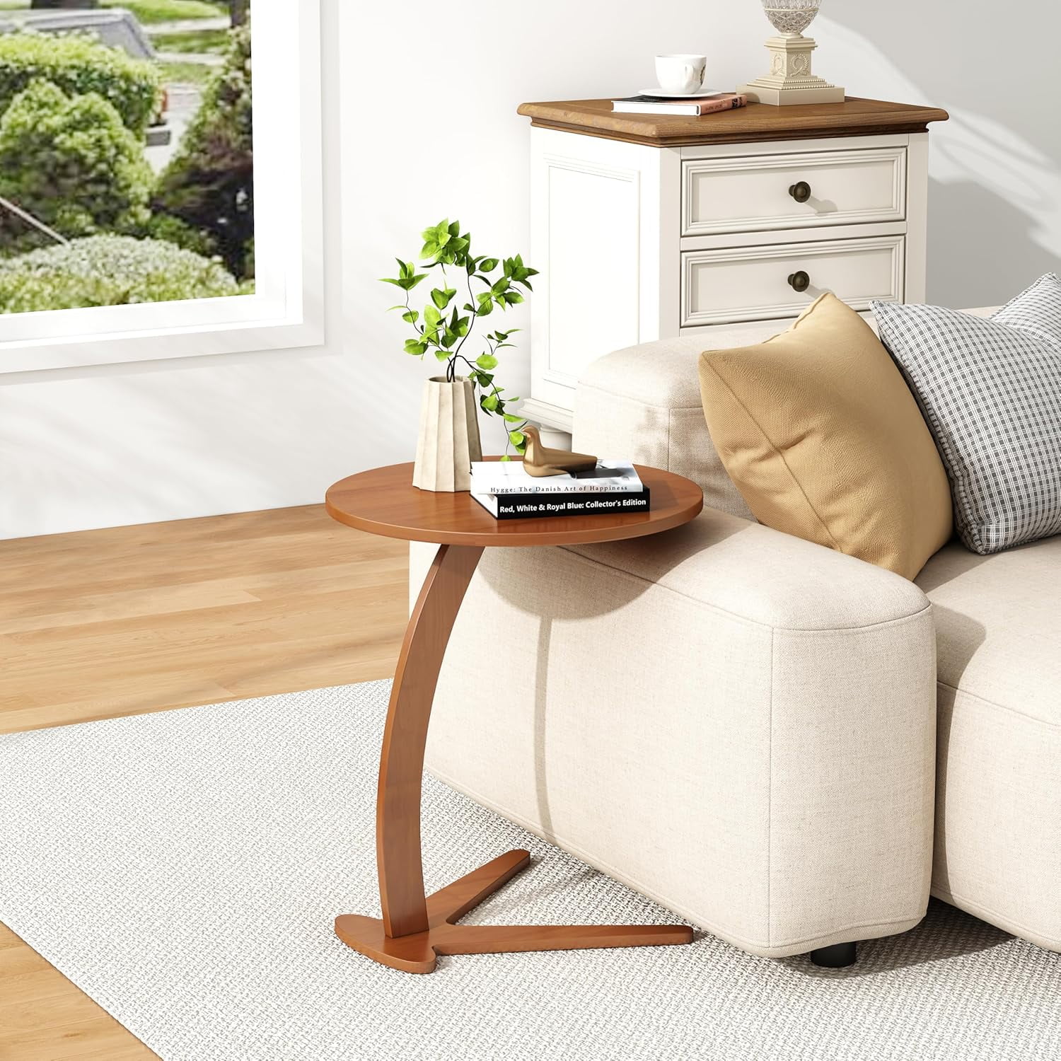 C Shaped End Table, Small Round Side Table for Couch, Slide Under