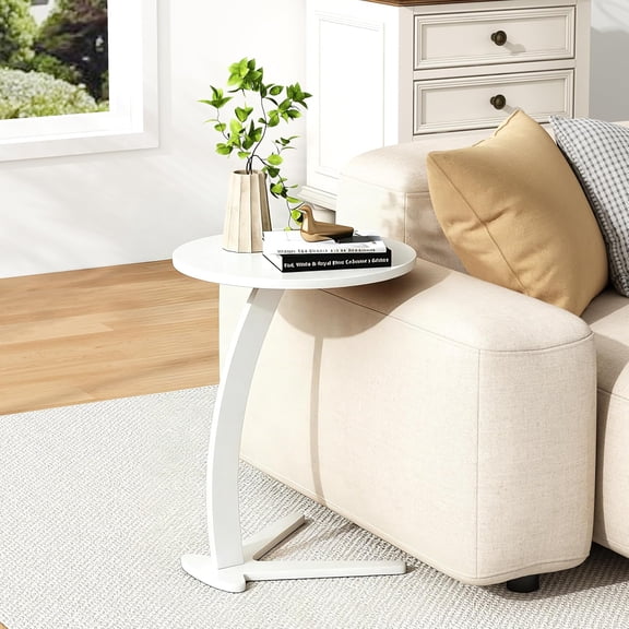 C Shaped End Table, Small Round Side Table for Couch, Slide Under Sofa Tray Desk for Living Room Bedroom, Solid Wood TV Tray Table for Narrow Space