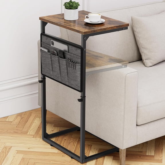 C Shaped End Table, Small Side Table for Couch, Adjustable Height Sofa Table with Metal Frame for Living Room, 33'' Tall Side Table for Couch, Bedroom, Bedside, Rustic Brown and Black