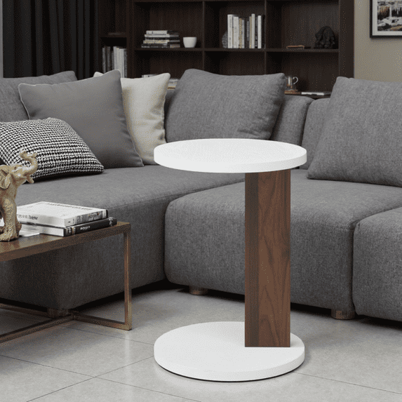 C-Shaped End Table, Small Side Table for Couch, Sofa Table with Wood Frame, White and Walnut