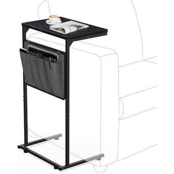 C Shaped End Table, Small Side Table for Couch and Recliner, Slide Under Sofa Tray Desk with Storage Bag for Living Room and Bedroom, Black