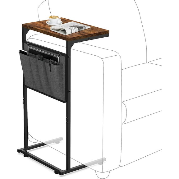 C Shaped End Table, Small Side Table for Couch and Recliner, Slide Under Sofa Tray Desk with Storage Bag for Living Room and Bedroom, Greige