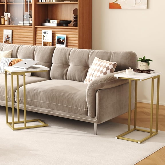 C Shaped End Table, Small Side Tables for Sofa Bed, Couch Tables That Slide Under, Drink Snack Table for Living Room Bedroom Small Space, White Wood Top and Gold Metal Frame