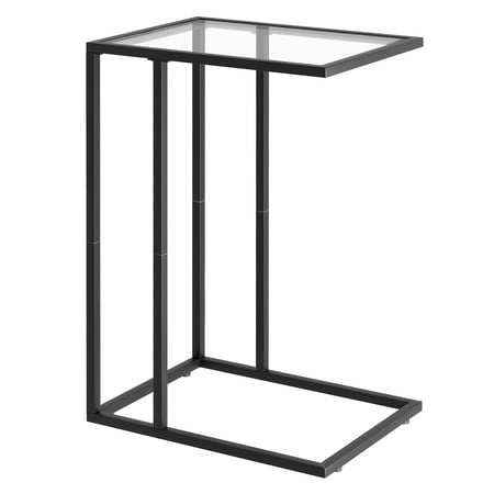 C Shaped End Table,Small Sofa Couch Side Table, Tempered Glass Snack TV Tray Table with Metal Frame for Small Space,Living Room, Bedroom, Bedside,Modern Style, Black,