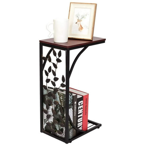 C Shaped End Table Sofa Side Table for Living Room, Couch Small Coffee Tray Snack Table Slide Under Sofa with Elegant Leaf Design, Bronze Metal Frame and Wooden Tabletop, Brown & Golden