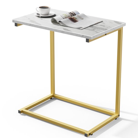 C-Shaped End Table Sofa Side Table for Couch Slide Under, Marble