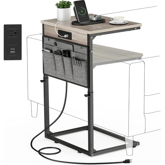 C Shaped End Table with Station, 33" Tall Side Table for Couch, C Table Adjustable Height Small Couch Side Table, Slide Under Sofa Table TV Tray Arm Table for Room, Greige