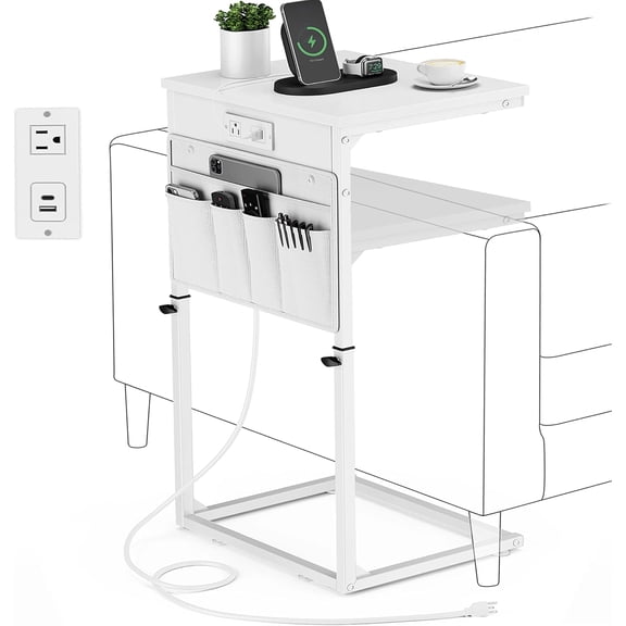 C Shaped End Table with  Station, Adjustable Height Side Table for Couch, Sofa Table Laptop Couch Side Tables, Slide Under Sofa TV Tray Arm C Tables for  Room , White