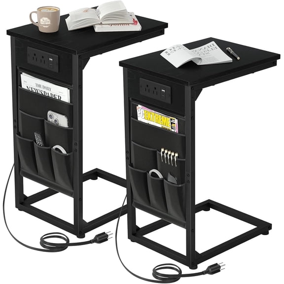C Shaped End Table with Station, TV Tray Set of 2, Couch Tables with Storage Bag, Slide Under Sofa Side Table with USB Ports and Outlets for Living Room, Black, HET04CBK