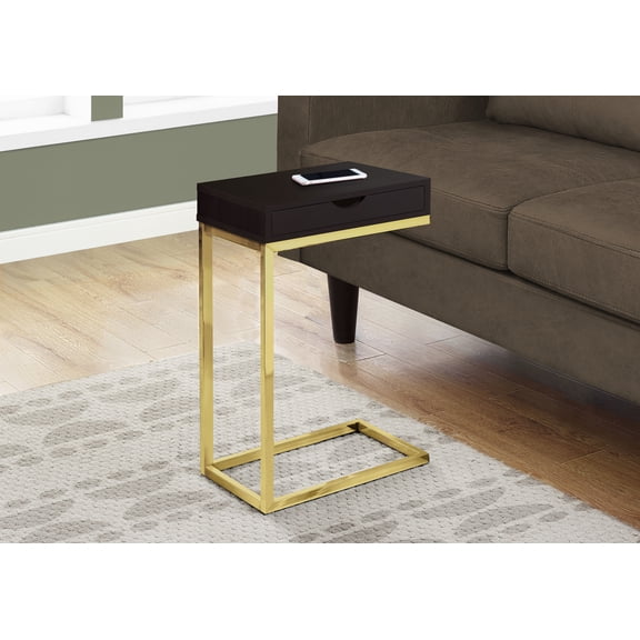 C-Shaped End Table with Storage Drawer, Espresso Brown Particle Board and Gold Metal Frame, Modern Contemporary Side Snack Table for Living Room or Bedroom, 16"L x 10"W x 25"H