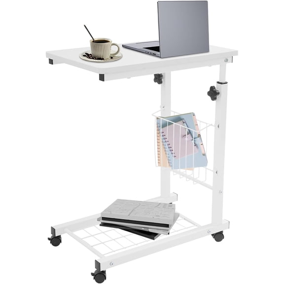 C Shaped End Table with Storage Space, Adjustable Side Table, Mobile Standalone Desk, Overbed Tray with Wheels and Secure Height Adjustment for Restaurants, Living Rooms, Studies(Pure White)