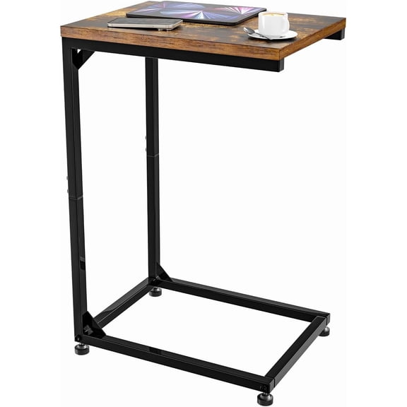 C Shaped End Table, TV Tray for Couch, Small Side Table with Metal Frame, for Living Room Bedroom, Rustic Brown
