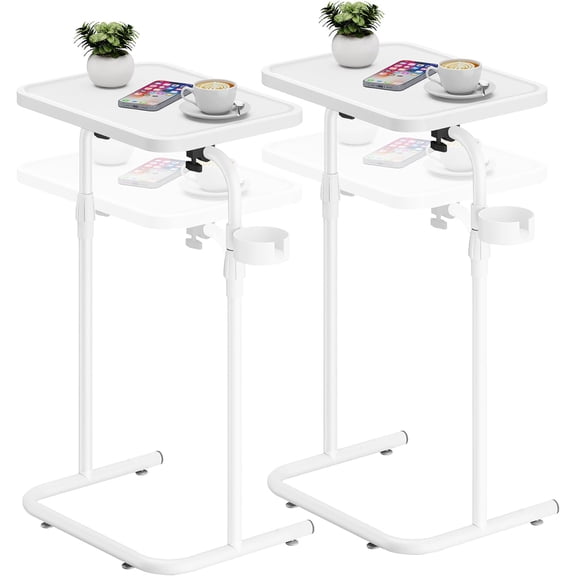 C Shaped End Table with Tiltable Surface, Set of 2, Adjustable Height Side Table, Slide Under Couch Table TV Tray for Eating, Sofa Tray for Livingroom, Bedroom White