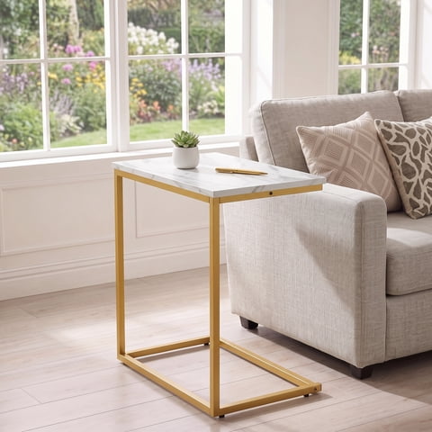 C Shaped End Table, Vintage Side Table for Couch, Laptop, Coffee, Snack, Sofa Side End Table C Shape for Living Room, 27"(H) x 19.7"(W) x 12.6"(D), Marble