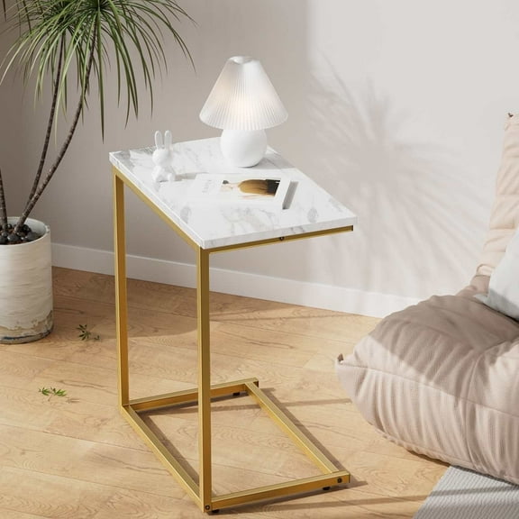 C Shaped End Table, Vintage Side Table for Couch, Laptop, Coffee, Snack, Sofa Side End Table C Shape for Living Room, 27"(H) x 19.7"(W) x 12.6"(D), Marble
