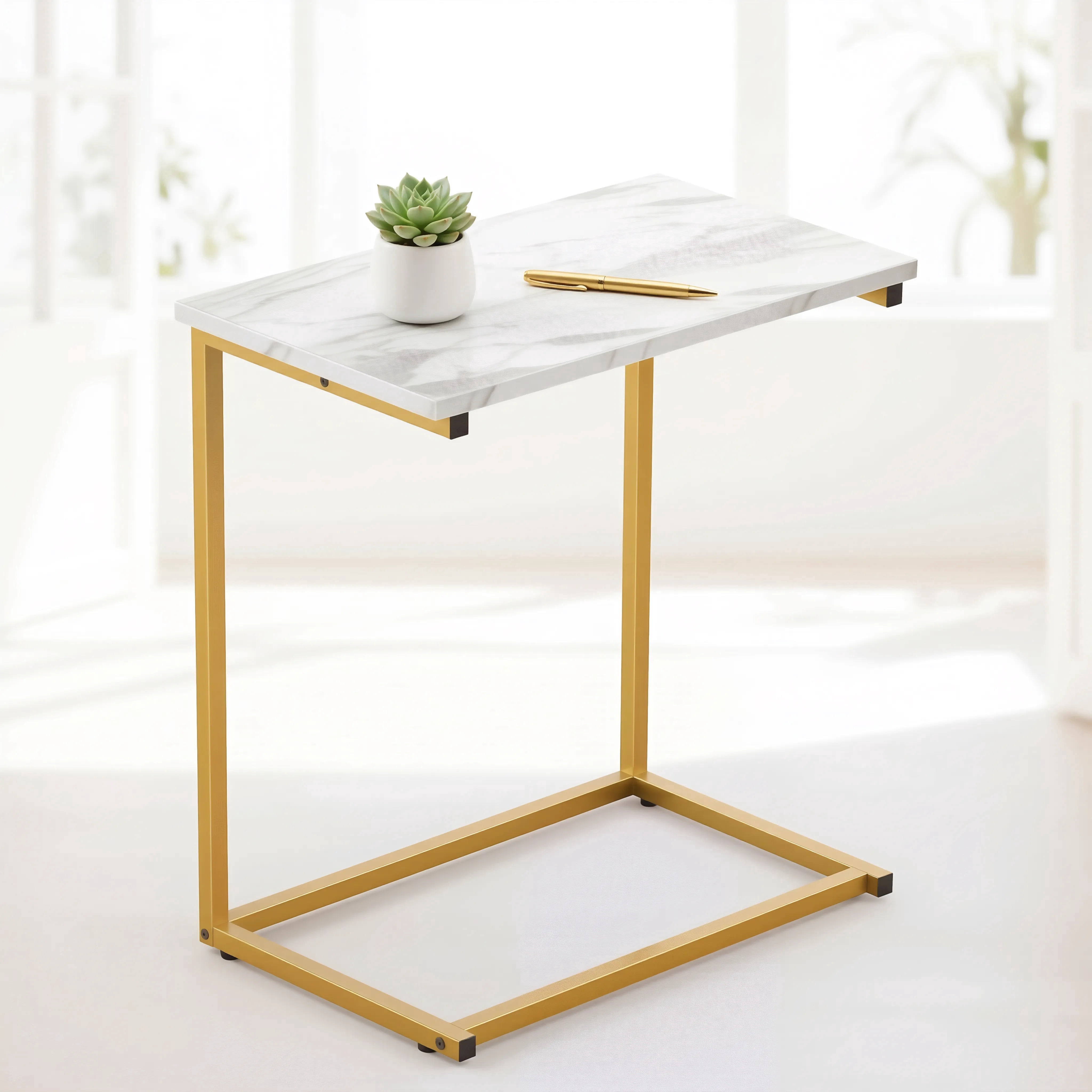 CHITOOMA C Shaped End Table, Adjustable Side Table, Marble Finish