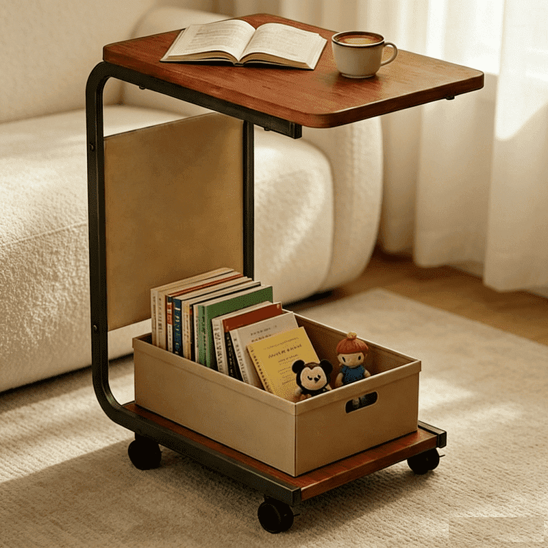 C-Shaped End Table with Wheels and Double-Layer Storage, Rolling Sofa Side Table for Couch, Bed, Bathroom, Study, Sturdy Metal Frame, 360 Rotatable Wheels, Space-Saving Snack Table