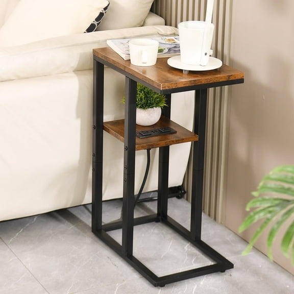C Shaped End Table With Charging Station And Usb Ports For Sofa, Bed
