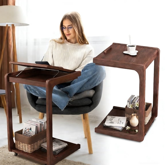 C Shaped End Table, Wooden Couch Table Small Rolling Side Table with Adjustable Top & Wheels for Living Room, Bedroom, Small Spaces Bedside Table Walnut