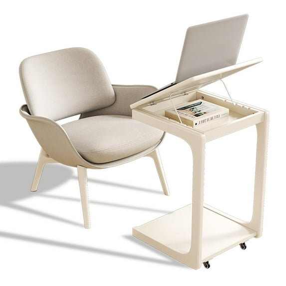 KASLANDI C Shaped End Table, Bedside Table with Wheels, Wooden Couch Table with Adjustable Desktop for Living Room, Bedroom, White