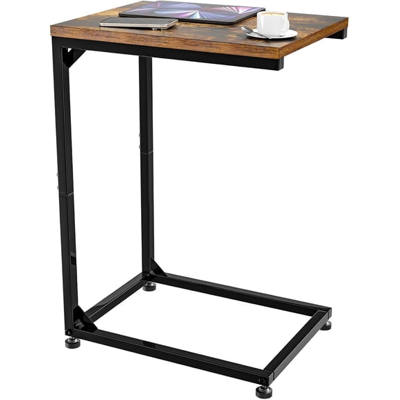 C Shaped End Table for Couch, Small Side TV Tray with Metal Frame Living Room, Bedroom, Rustic Brown