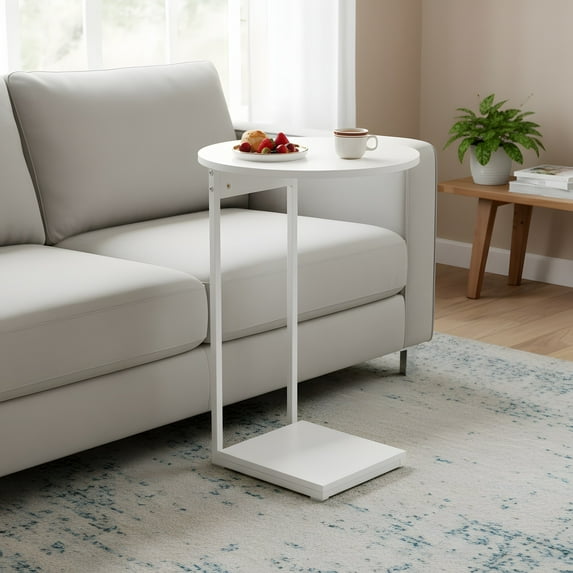 C-Shaped End Table for Small Spaces - White Round Side Table