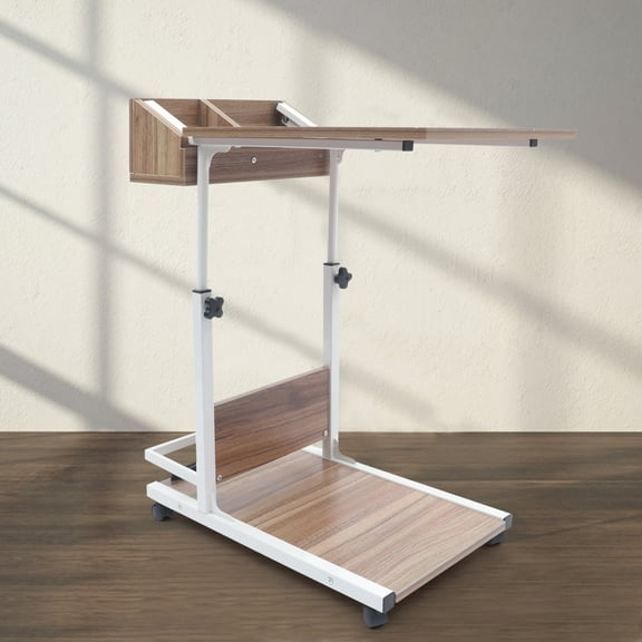 C-Shaped End Table with Adjustable Height and Movable Wheels, Space-Saving Design for Sofa and Bedside