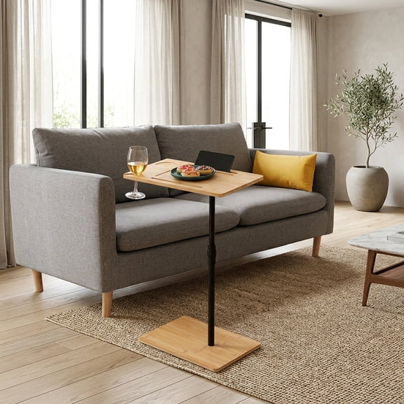 C-Shaped End Table with Adjustable Height and Storage Shelf - Natural Bamboo & Metal