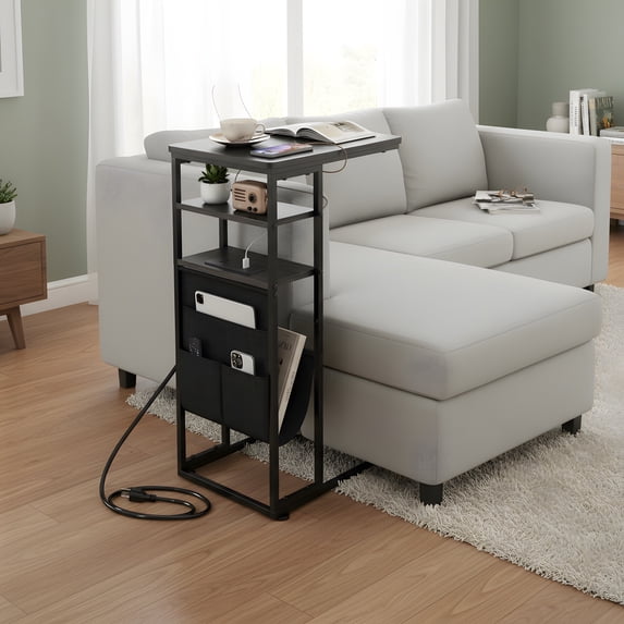 C-Shaped End Table with Charging Station - 3-Tier Storage for Living Room