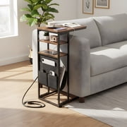 C-Shaped End Table with Charging Station - Retro Style for Living Room