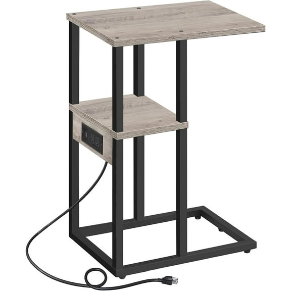 C Shaped End Table with Charging Station, Side Table for Small Spaces, Living Room, Bedroom