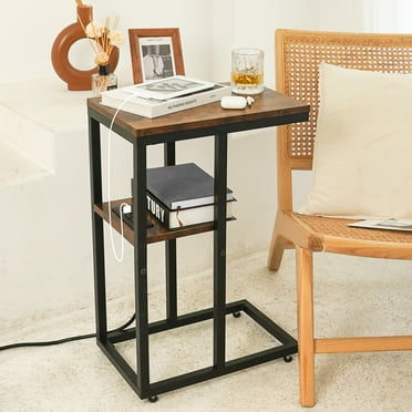 C Shaped End Table with Charging Station, Small Side Tables for Couch for Living Room, Bedroom,Brown
