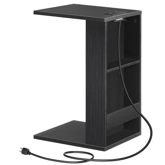 C-Shaped End Table with Charging Station & Storage, Slim Side Table for Small Spaces, Modern Couch Table for Living Room, Bedside Table, Black