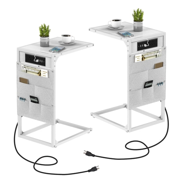C Shaped End Table with Charging Station and Storage Bag, Sofa Side Table