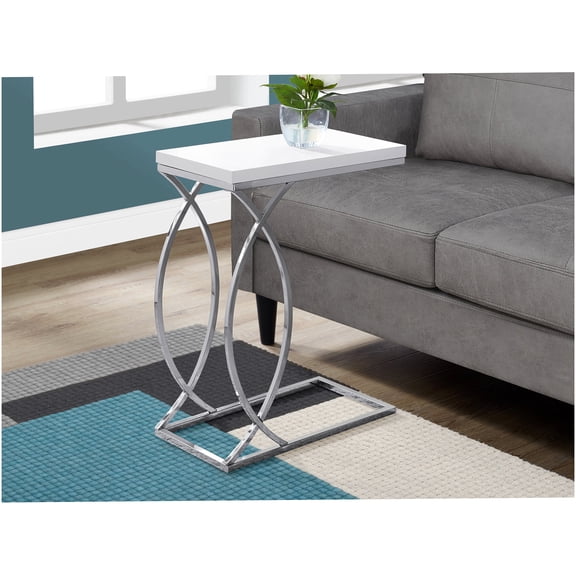 C-Shaped End Table with Glossy White Top and Chrome Base, Modern Snack Table for Living Room and Bedroom