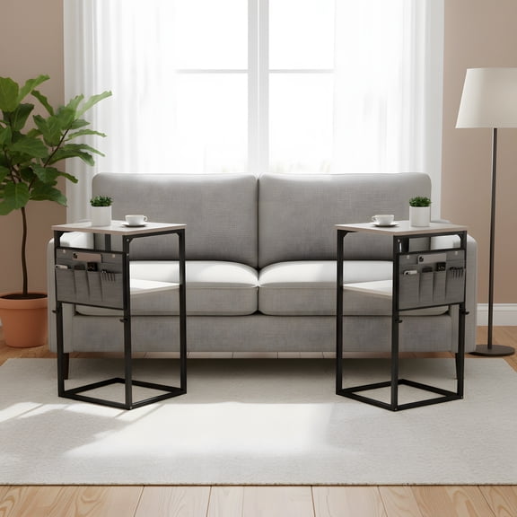 C Shaped End Table with Storage - Adjustable Height Side Table - Greige