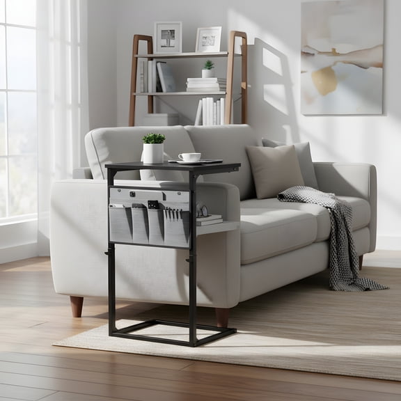 C Shaped End Table with Storage - Adjustable Height Side Table for Small Spaces