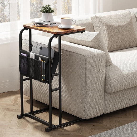 C-Shaped End Table with Storage Bag, Slide Under Couch Sofa Side Table, Metal Frame for Living Room, Bedroom, Bedside, Small Space (Rustic Brown)